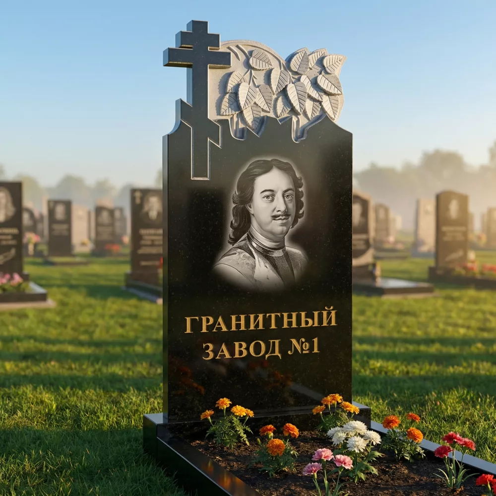 3028 Ритуальное надгробие с крестом и листьями