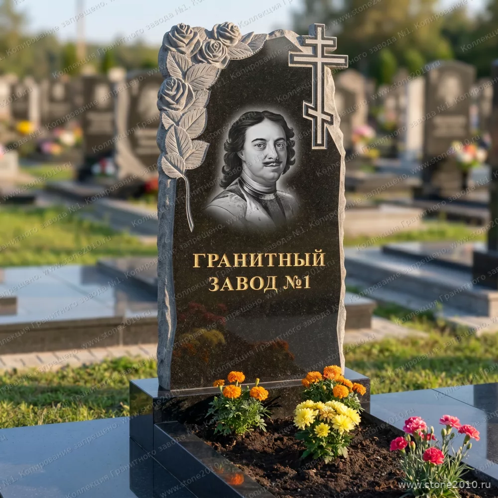 3174 Памятник резной скала с розами и крестом