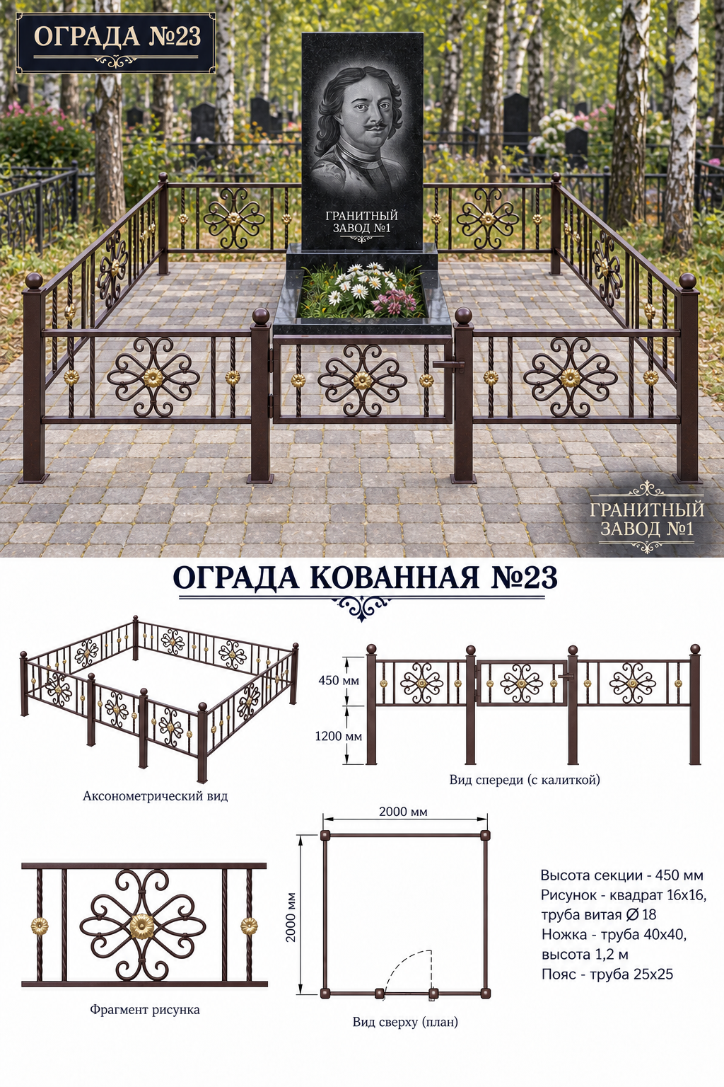Ограда металлическая №23, 2×2 м