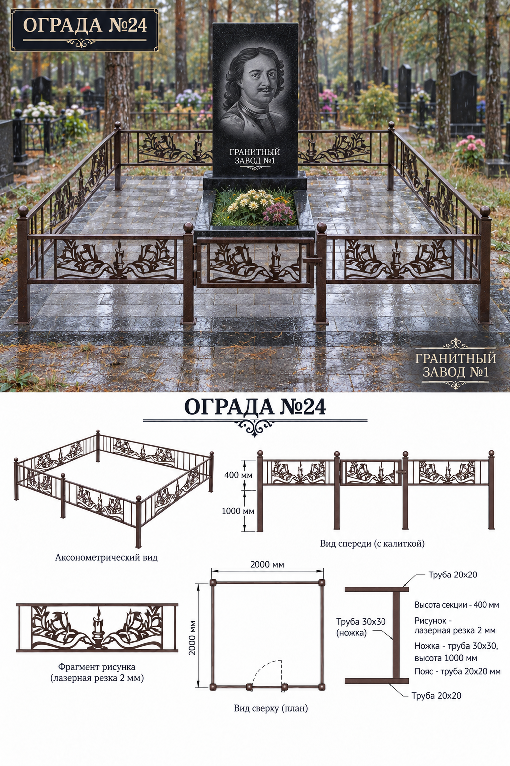 Ограда металлическая №24, 2×2 м