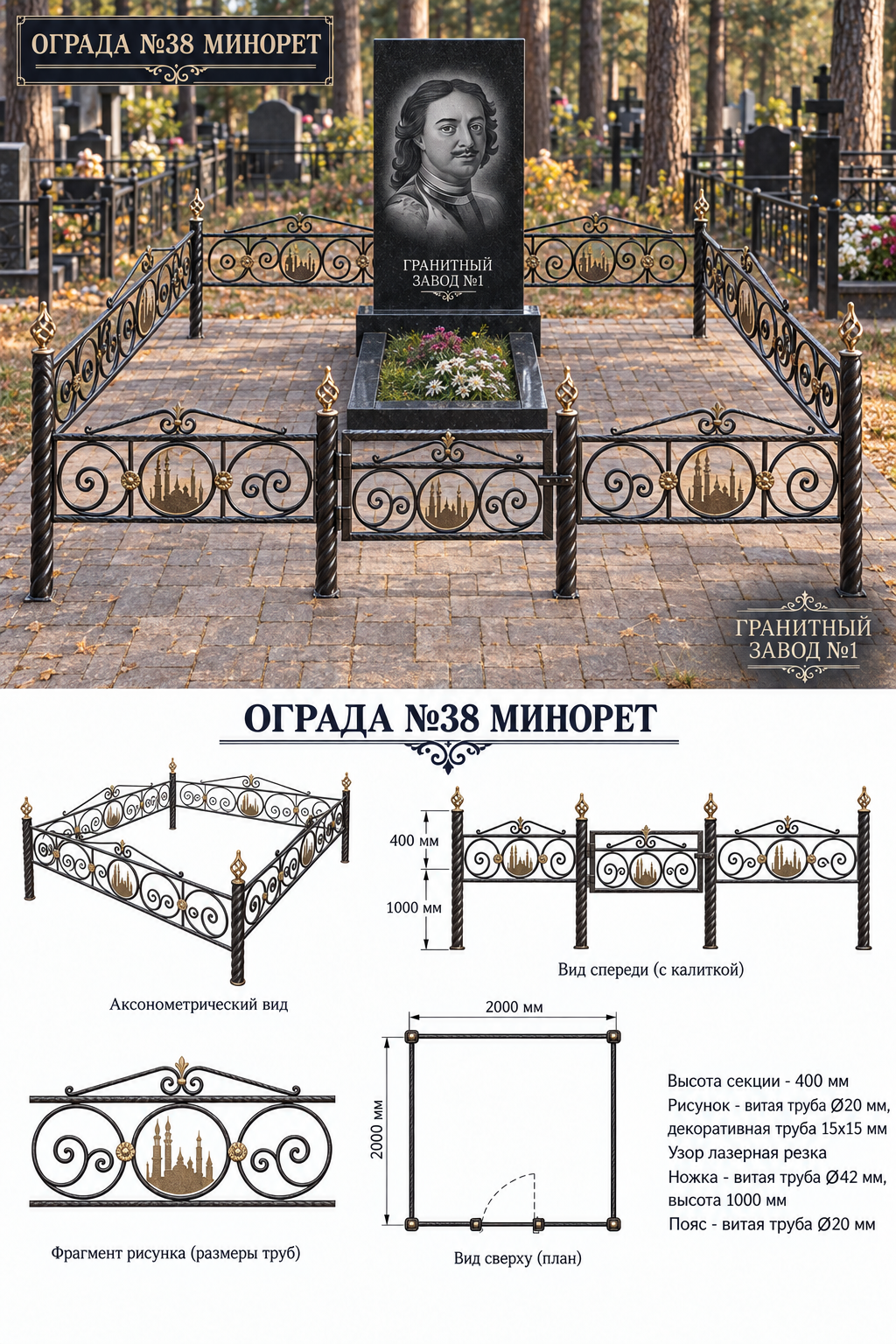 Ограда металлическая №38, 2×2 м