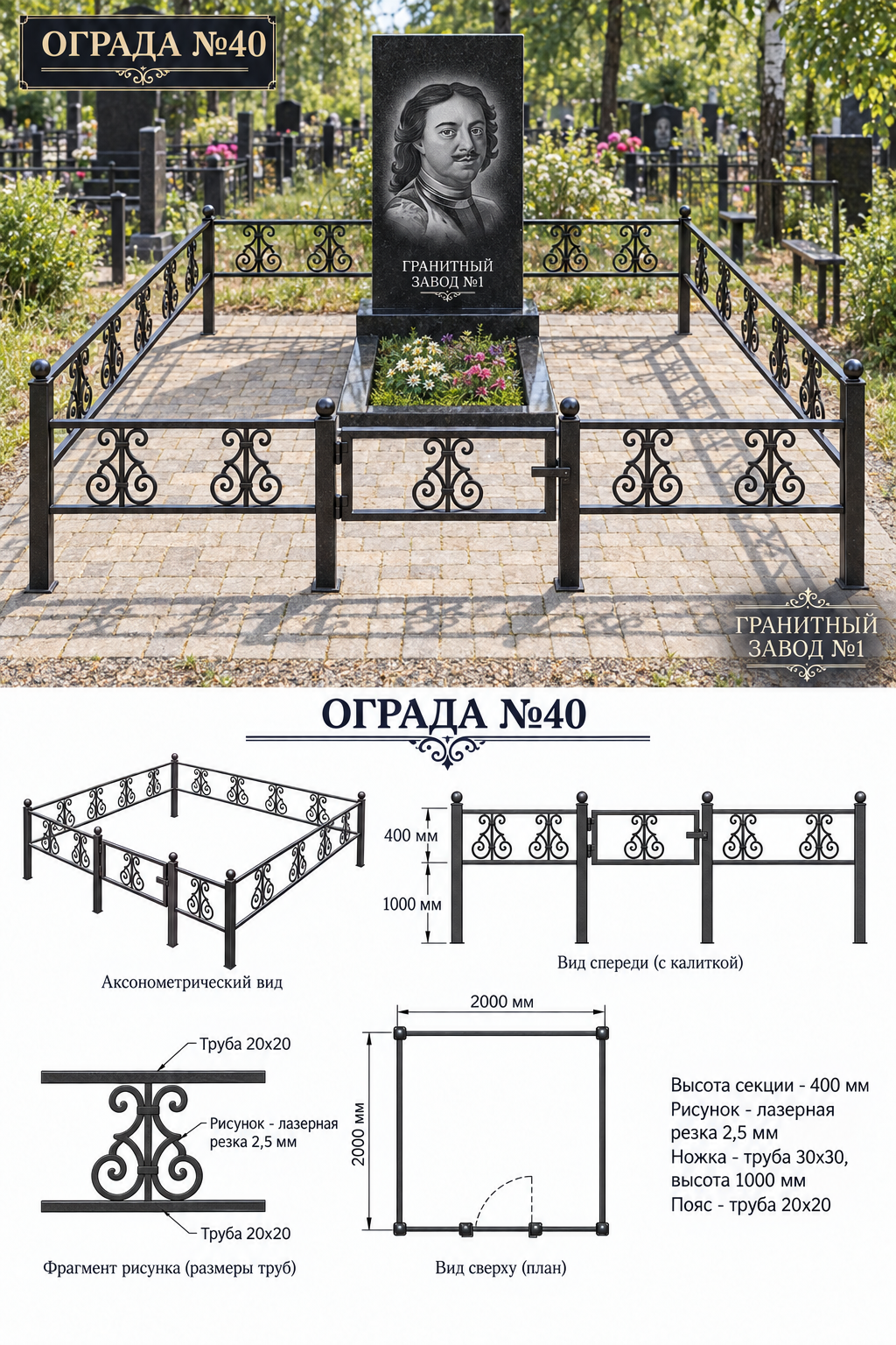 Ограда металлическая №40, 2×2 м