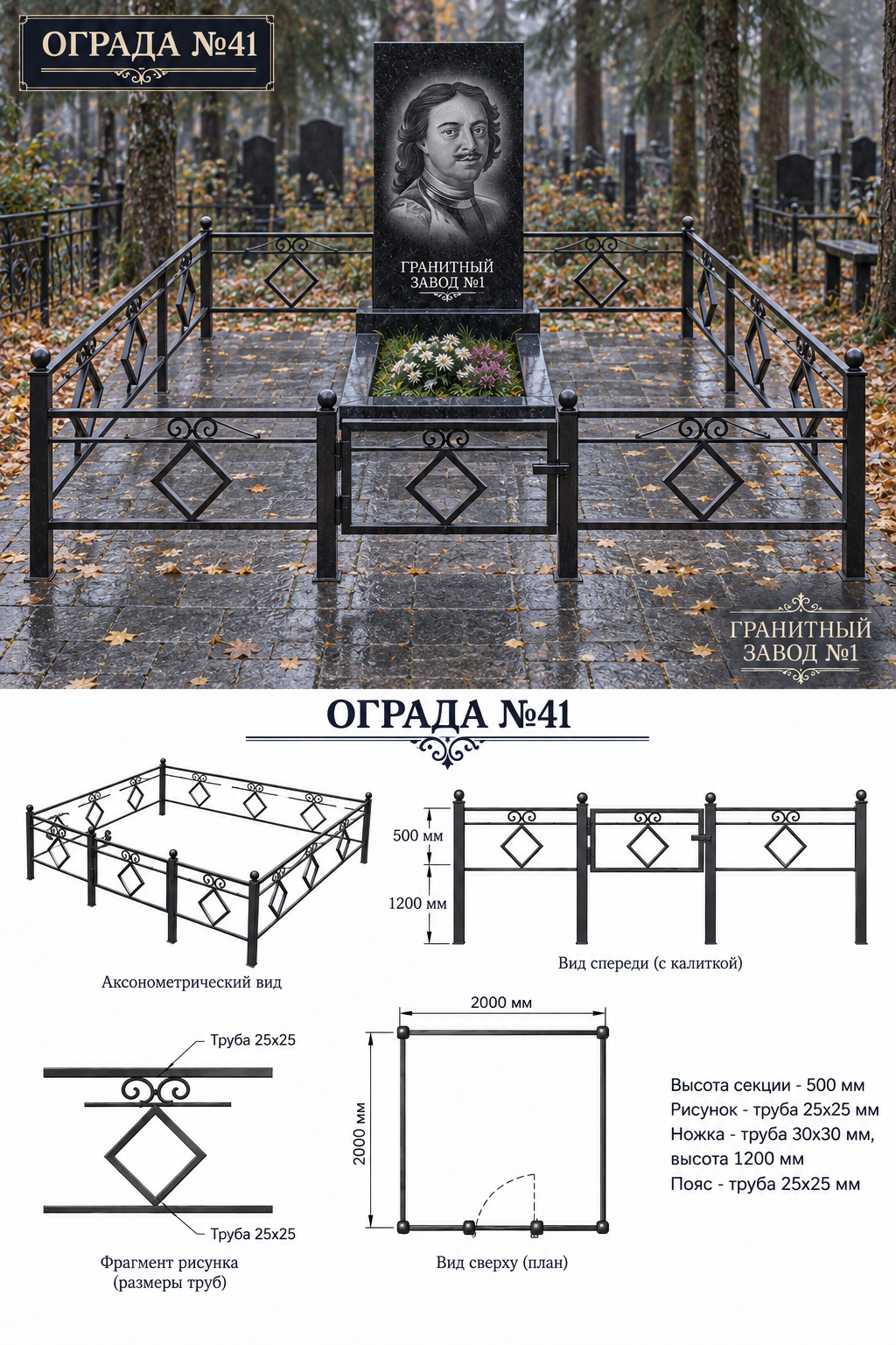 Ограда металлическая №41, 2×2 м