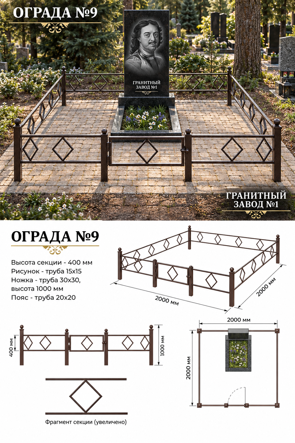 Ограда металлическая №9, 2×2 м