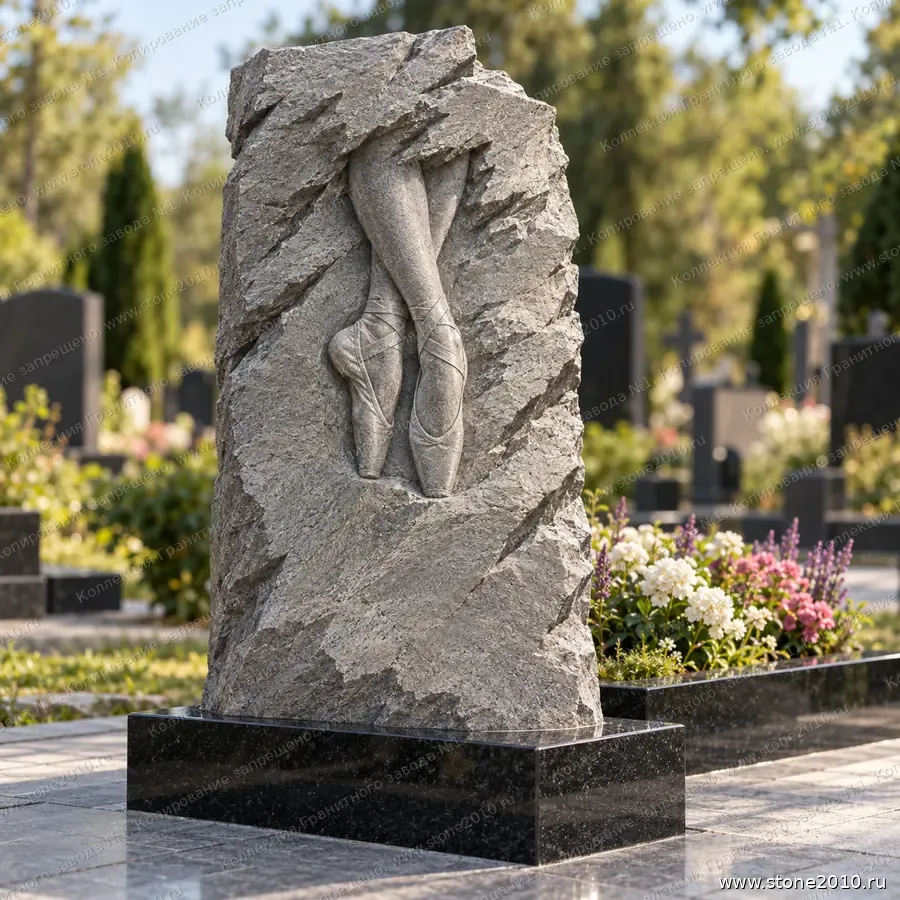 Памятник балерине на могилу — памятник-скала с барельефом «Балетные пуанты», новая коллекция Гранитного завода №1