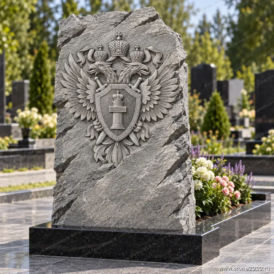 Памятник работнику прокуратуры на могилу — памятник-скала с барельефом «Герб прокуратуры», новая коллекция Гранитного завода №1