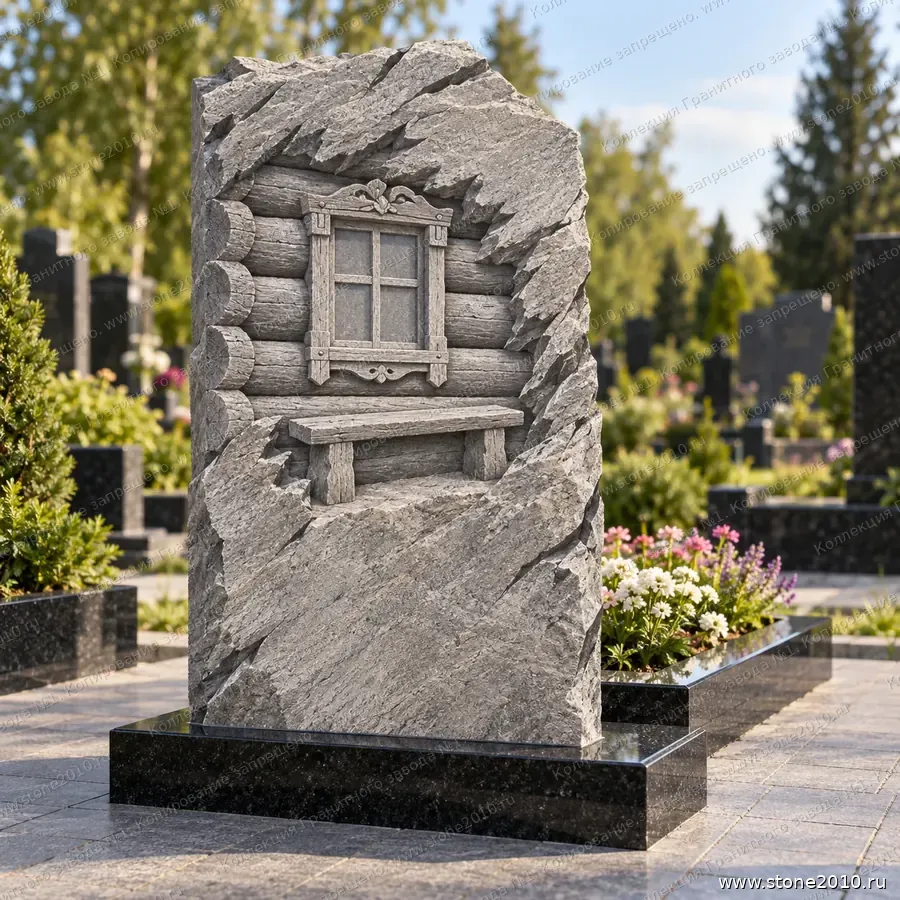 Памятник бабушке на могилу — памятник-скала с барельефом «Окно деревенской избы», новая коллекция Гранитного завода №1