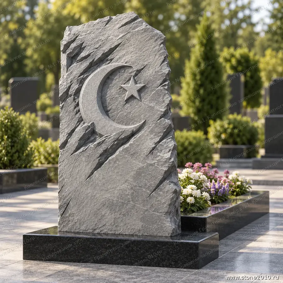 Мусульманский памятник с полумесяцем и звездой на могилу — памятник-скала с барельефом «Полумесяц со звездой», новая коллекция Гранитного завода №1