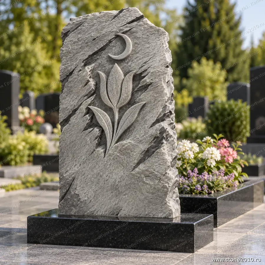 Мусульманский памятник с тюльпаном на могилу — памятник-скала с барельефом «Тюльпан с полумесяцем», новая коллекция Гранитного завода №1