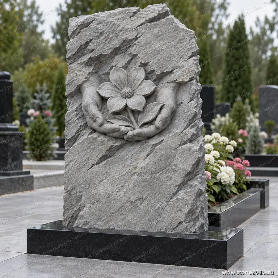 Памятник любимой маме на могилу — памятник-скала с барельефом «Цветок в ладонях», новая коллекция Гранитного завода №1
