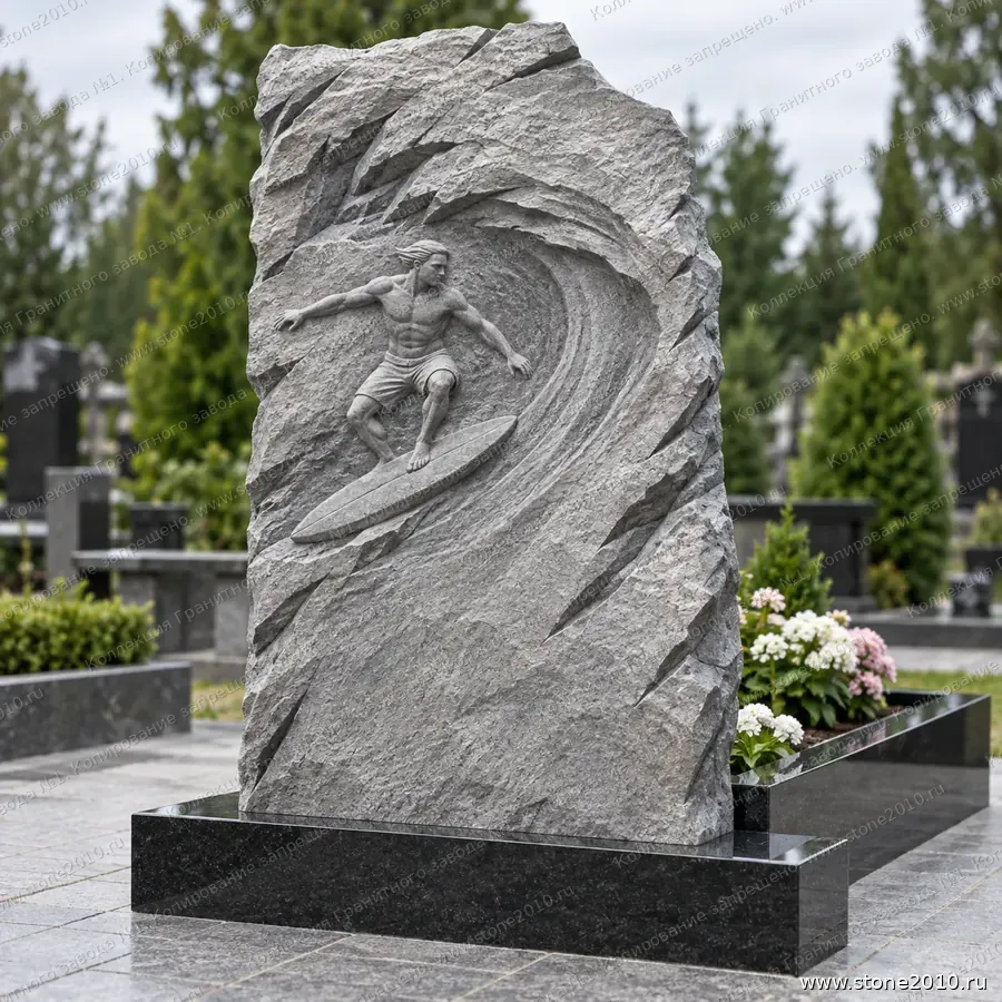 Памятник сёрферу на могилу — памятник-скала с барельефом «Сёрфер на волне», новая коллекция Гранитного завода №1