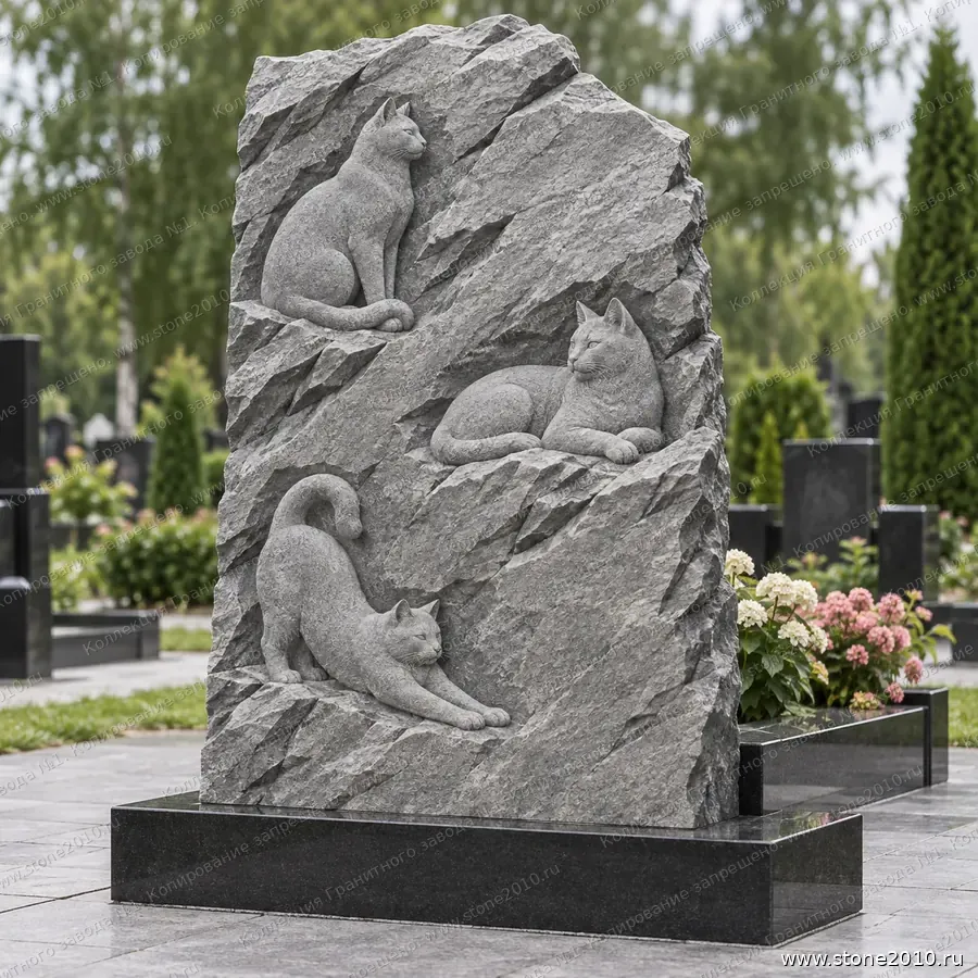Памятник любителю кошек на могилу — памятник-скала с барельефом «Три кошки», новая коллекция Гранитного завода №1
