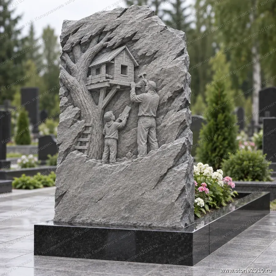 Памятник папе на могилу — памятник-скала с барельефом «Дом на дереве», новая коллекция Гранитного завода №1