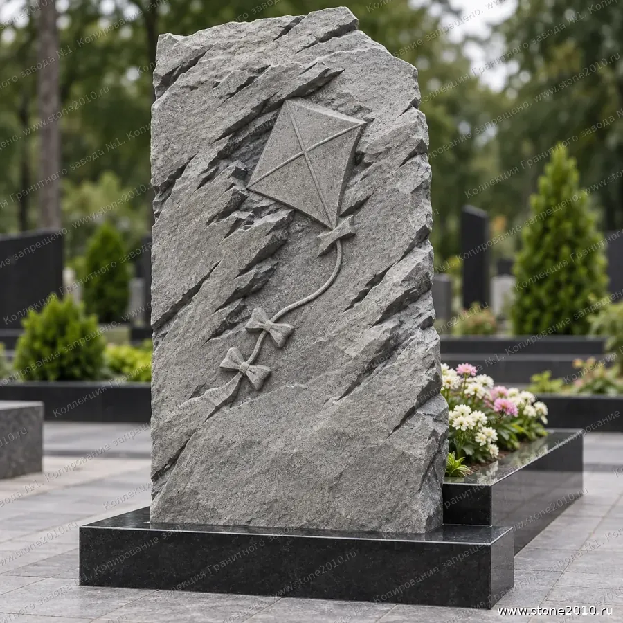 Памятник ребёнку на могилу — памятник-скала с барельефом «Воздушный змей», новая коллекция Гранитного завода №1