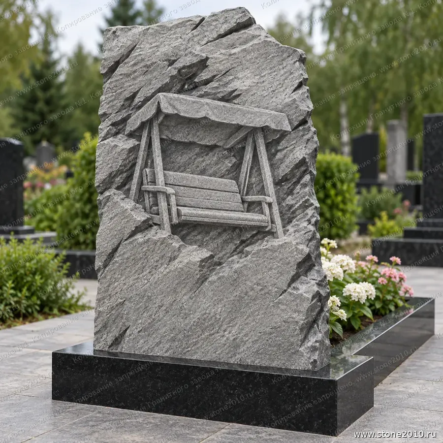 Памятник ребёнку с качелями на могилу — памятник-скала с барельефом «Садовые качели», новая коллекция Гранитного завода №1