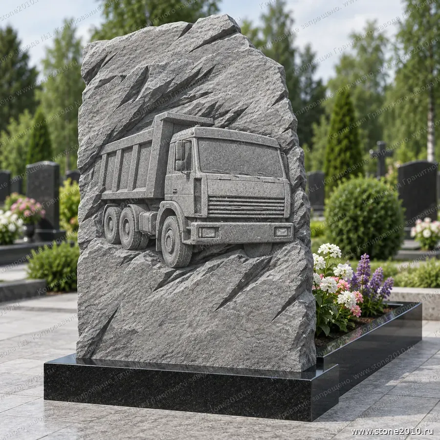 Памятник водителю самосвала на могилу — памятник-скала с барельефом «Самосвал КамАЗ», новая коллекция Гранитного завода №1