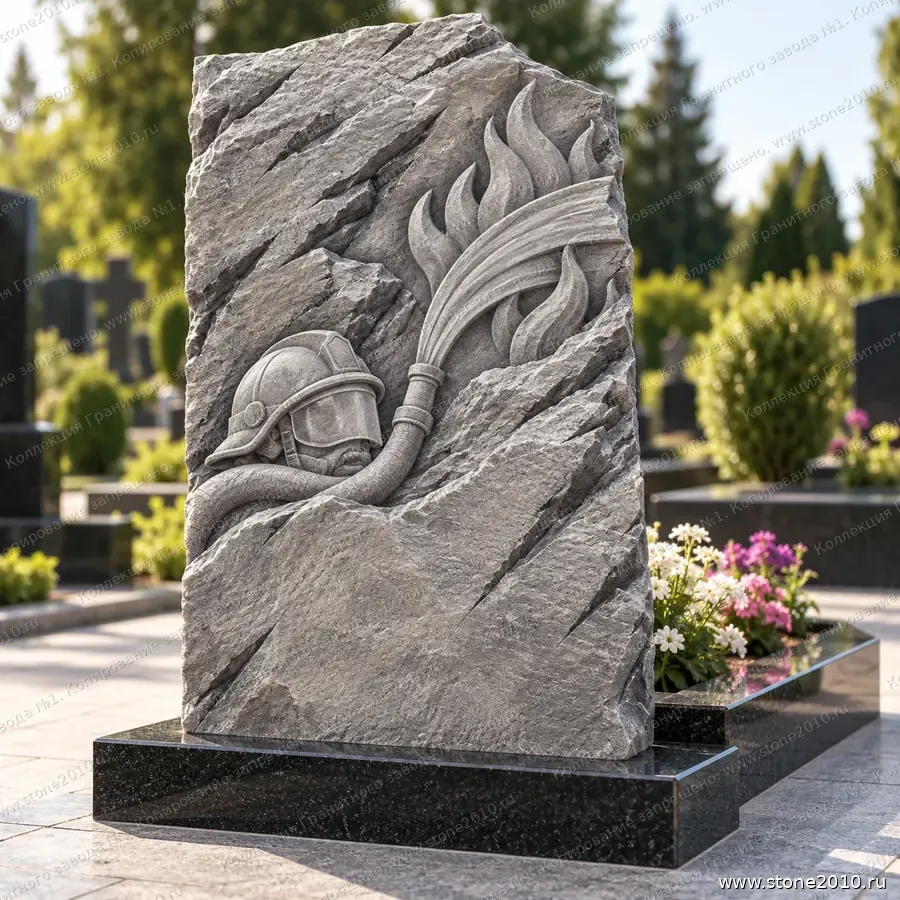 Памятник спасателю МЧС на могилу — памятник-скала с барельефом «Каска пожарного и рукав», новая коллекция Гранитного завода №1