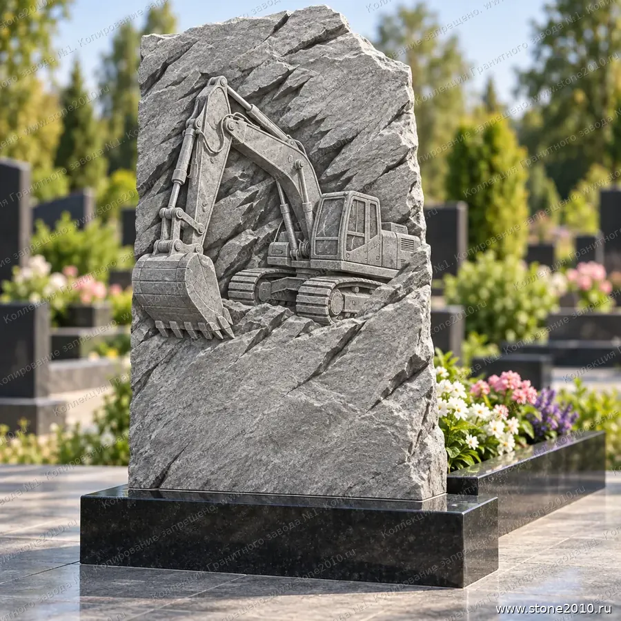 Памятник экскаваторщику на могилу — памятник-скала с барельефом «Экскаватор», новая коллекция Гранитного завода №1