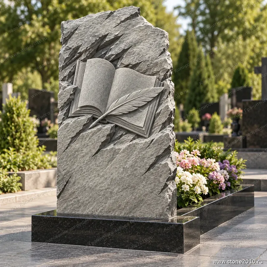 Памятник писателю на могилу — памятник-скала с барельефом «Раскрытая книга с пером», новая коллекция Гранитного завода №1