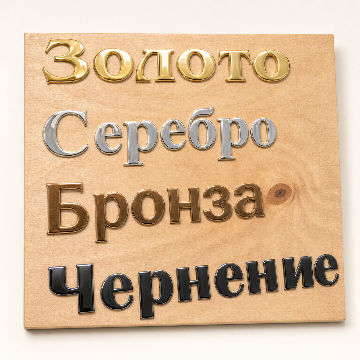 Образцы металлических букв: золото, серебро, бронза и чернение